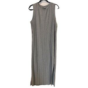 Gray Ribbed Sleeveless Maxi Dress Side Slit Tank Long Stretch Large 90s Lounge